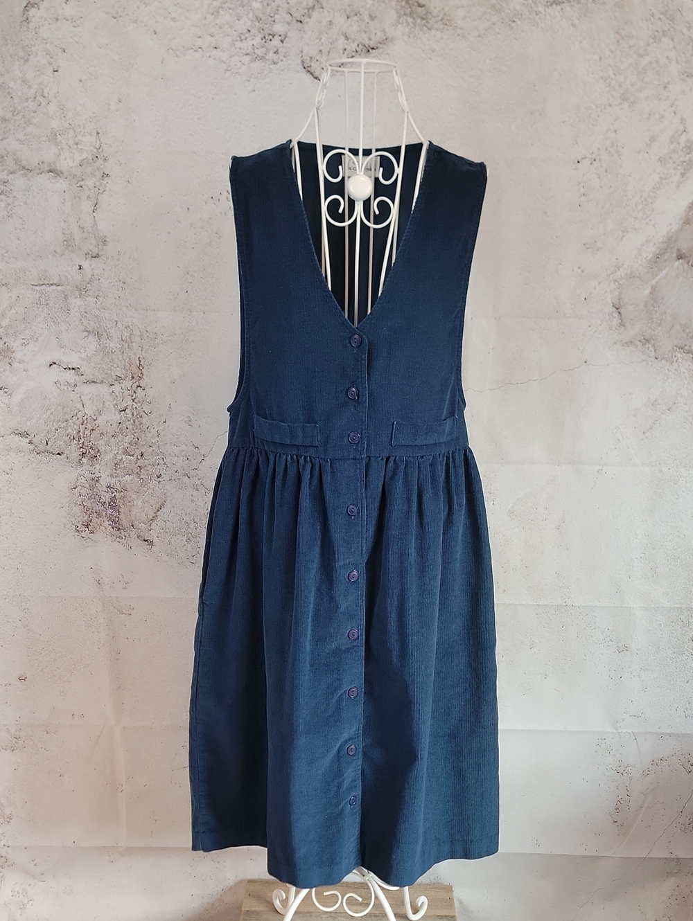 Vintage Via Sant Andre Pinafore Dress Midi Slate Blue Womens Size 8 100% Cotton